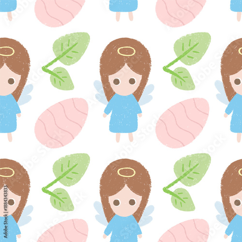 Paschal seamless pattern with Easter egg, angel, leaves.