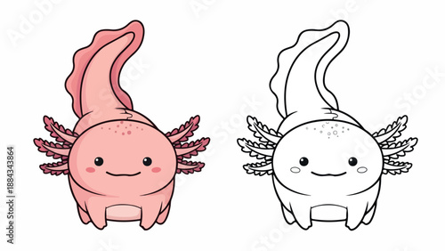 A colorful illustration of two smiling axolotls, one pink with red gills and the other outlined in black and white, on a plain white background.
