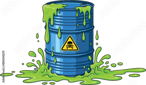Blue industrial metal barrel leaking bright green toxic waste with yellow danger skull sign vector illustration for environmental pollution.