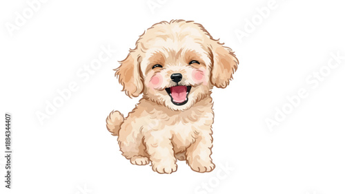 Adorable Fluffy Puppy Sitting and Smiling Watercolor Style
