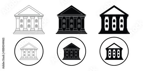 “Bank and Courthouse Building Icon Set – Government Institution Vector Icons in Flat, Solid and Outline Styles”
