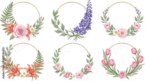 Watercolor floral wreath collection, hand painted flowers, botanical frames, elegant spring design, wedding invitation decoration, feminine art set