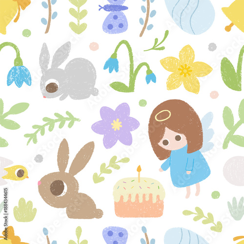 Paschal seamless pattern with Easter bunny, egg, cake, chik, angel, flowers.