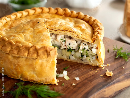 Homemade fried pies and pies with traditional filling on wooden table. Traditional food concept.