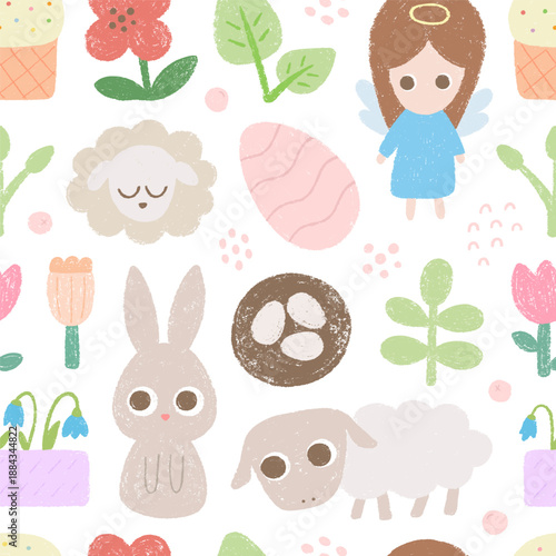 Paschal seamless pattern with Easter bunny, egg, cake, sheep, angel.