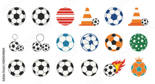 Collection of Soccer Balls Pennants and Keychains on a White Background Sheet