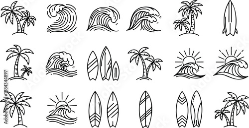 Collection of black and white vector icons depicting tropical beach and surfing elements like palm trees, sun, waves, and surfboards. 
