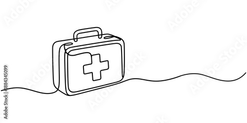 One continuous line drawing of first aid kit box. Single line of first aid kit box vector illustration, Simple line art illustration of medical kit symbolizing emergency preparedness and healthcare.