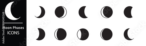 A set of black and white moon phase icons on a clean background