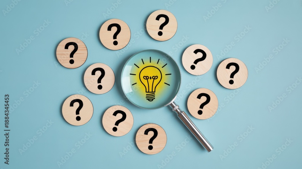 Fototapeta premium Idea and innovation concept with magnifying glass and question marks, creative problem solving for business strategy