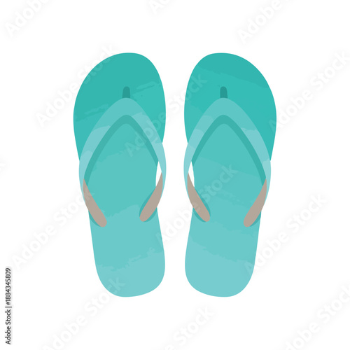 A pair of teal flip-flops with beige straps on a white background in a flat lay composition.