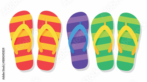 Colorful flip flops arranged in a row on a white background with vibrant stripes and straps.