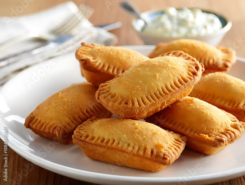 Homemade fried pies and pies with traditional filling on wooden table. Traditional food concept.