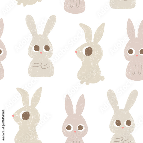 Hand drawn seamless pattern with various crayons bunnies.