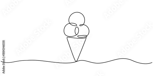 Continuous one line drawing of an ice cream cone topped with a cherry. Drawing of a dessert with editable black stroke on white background. Vector illustration.