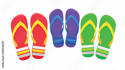 Colorful illustration of five flip flops in red, purple, green, yellow, and blue on a white background.