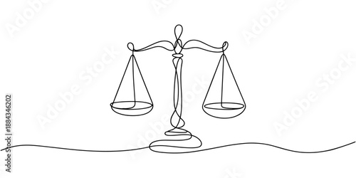 One continuous line drawing of antique balance scale. symbol of law, justice, fairness, and weighing decisions. minimalist design illustration. Vector, illustration