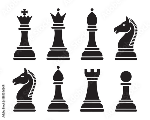 Black and white vector illustration of chess pieces set with king queen rook knight bishop and pawn on board