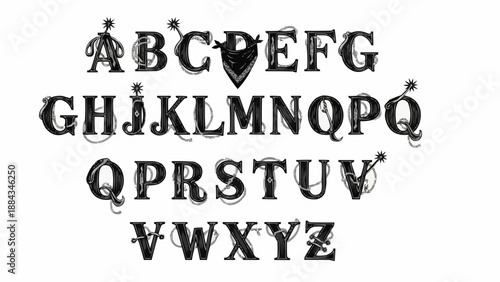 Ornate Alphabet Letters with Decorative Flourishes and Swirls.