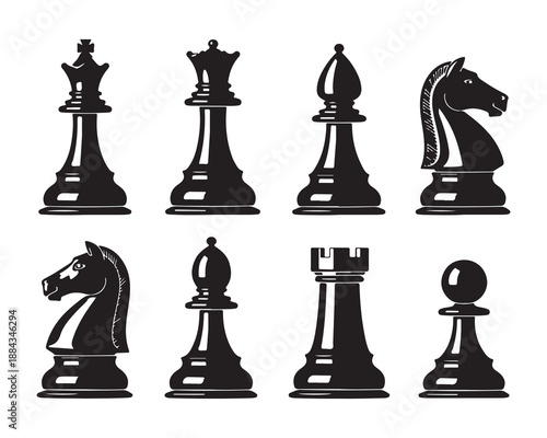Black and white vector illustration of chess pieces set with king queen rook knight bishop and pawn on board