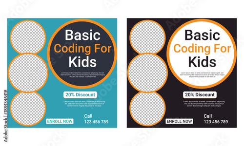 Coding computer programming and kids technology educational editable social media post banner