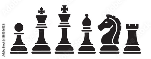Black and white vector illustration of chess pieces set with pawn king queen bishop knight and rook on board