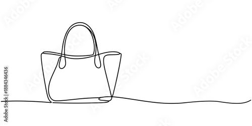 Continuous one line drawing of Lady's hand bag. Women's bag single line art vector illustration. Editable vector, Elegant woman bag one line drawing on white isolated background, One continuous line