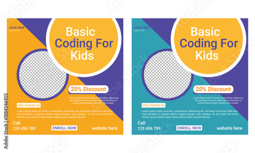 Coding computer programming and kids technology educational editable social media post banner