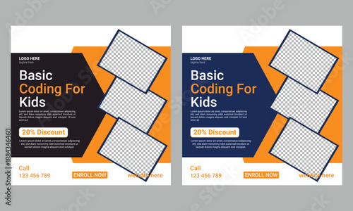 Coding computer programming and kids technology educational editable social media post banner
