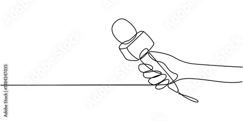 microphone news continuous one line drawing, Set of drawing of hands holding news microphone in continuous one line drawing style. Journalist, reporter concept. Vector illustration.