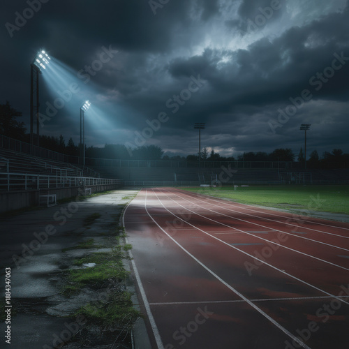 Nighttime athletics track under dramatic stadium lights with rain soaked lanes and dark storm clouds creating moody training atmosphere in empty stadium for sports fitness and endurance concept