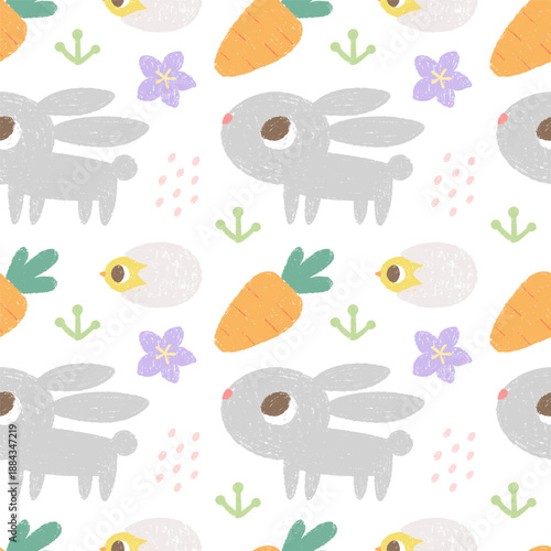 Spring kids seamless pattern with rabbit, chicken, carrot, crocus.