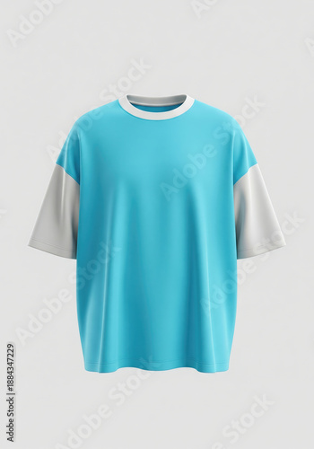 A two-tone oversized t-shirt mockup with a turquoise body and white sleeves and collar. A three-dimensional realistic textile and clothing presentation.