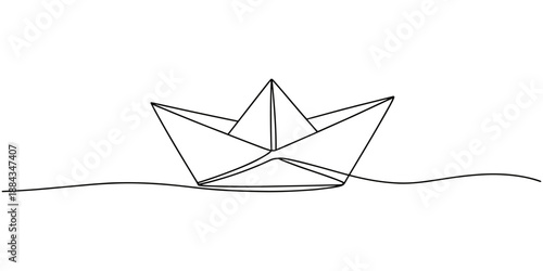 Paper boat in the sea one line art drawing, One continuous line drawing of paper boat. Origami ship concept for success leadership of business in simple linear style. Editable stroke. Doodle Vector