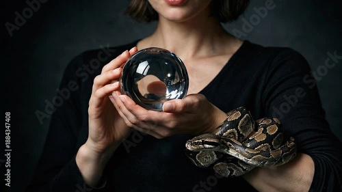 Femme-Fatale Woman Holding Glass Orb With Coiled Snake Symbolism