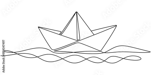 Paper boat in the sea one line art drawing, One continuous line drawing of paper boat. Origami ship concept for success leadership of business in simple linear style. Editable stroke. Doodle Vector