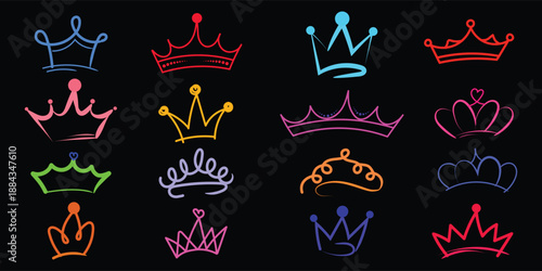 colorful hand drawn crown doodle set on black background, cute doodle crown icons collection in bright colors vector, playful hand drawn royal crown symbols vector set