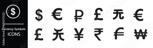 A collection of currency symbols from around the world on a white background
