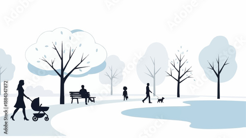 People enjoying a peaceful winter park scene with snow covered trees.