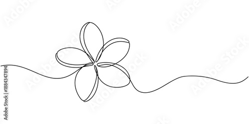 Plumeria flowers in continuous line art drawing style. Minimalist black line sketch on white background, Plumeria flowers in continuous one line art drawing. Frangipani blossom. Vector illustration.