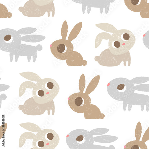 Hand drawn seamless pattern with various crayons bunnies.