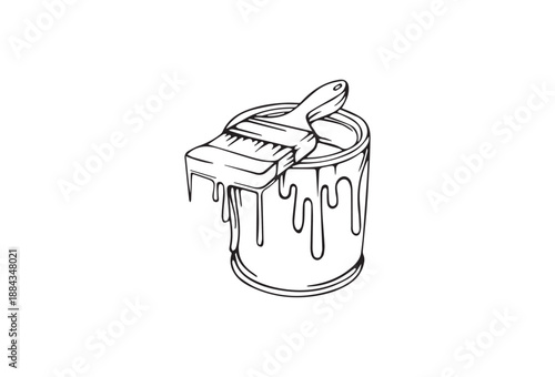 Paint Can with Dripping Paint and Brush, Black Ink Illustration, Artistic Details