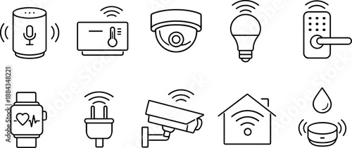 Set of black line icons representing smart home and internet of things including smart speaker, thermostat, security cameras, smart light bulb, plug, smartwatch, router, cloud, and connected house. Mi