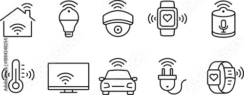 Set of black line icons representing smart home and internet of things including smart speaker, thermostat, security cameras, smart light bulb, plug, smartwatch, router, cloud, and connected house. Mi