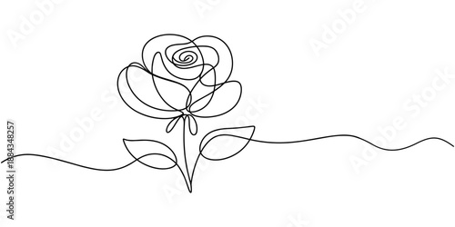 Continuous line drawing of rose flower. One line art concept of beautiful floral for love greeting. Rose flower minimalist black linear design isolated on white background. Vector illustration