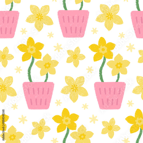 Hand drawn seamless pattern with daffodils in a pink pot.