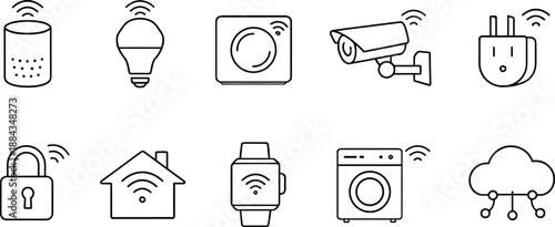Set of black line icons representing smart home and internet of things including smart speaker, thermostat, security cameras, smart light bulb, plug, smartwatch, router, cloud, and connected house. Mi