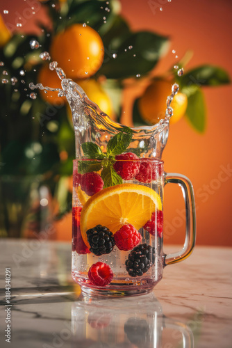 Refreshing fruit infused water in glass mason jar with orange slice berries and mint splashing on rustic table with bokeh lights perfect for summer detox beverage recipe and healthy lifestyle