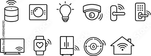 Set of black line icons representing smart home and internet of things including smart speaker, thermostat, security cameras, smart light bulb, plug, smartwatch, router, cloud, and connected house. Mi