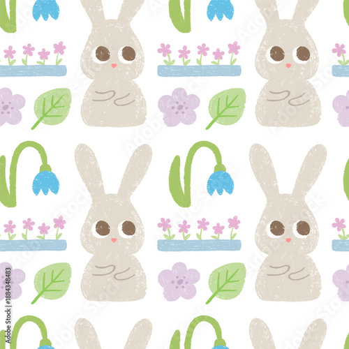 Cute bunny with spring flowers, snowdrops, chalk drawn seamless pattern.
